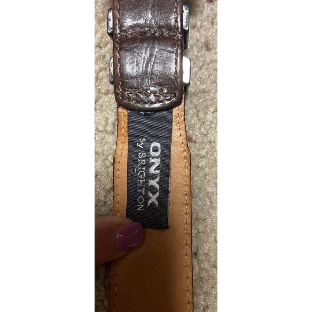 Onyx by Brighton Men's Brown Calfskin Leather Belt, Silver Plated, 36, USA Made